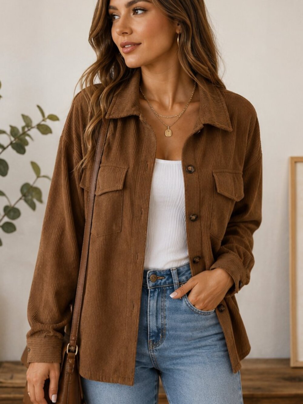 Brown Ribbed Shacket Button Front Oversized Shirt Jacket Lightweight Coat L